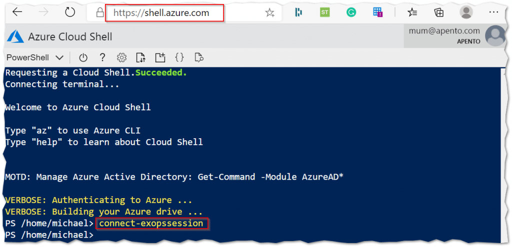 Open Image: Azure Cloud Shell using Exchange Online Module
