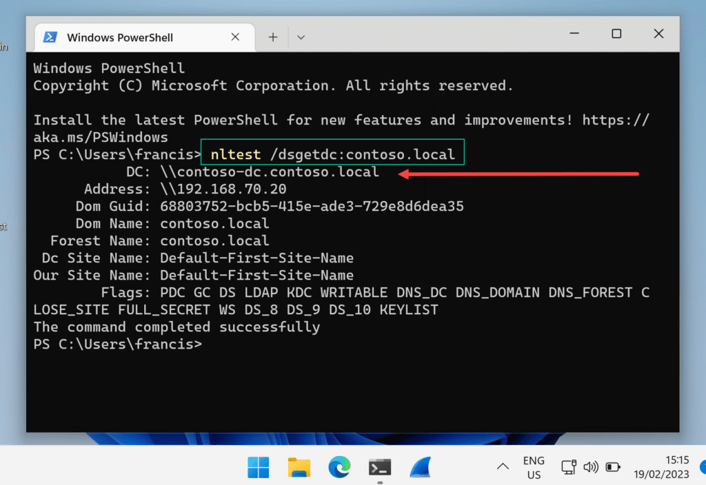Open Image: nltest command output showing Domain Controller locator results