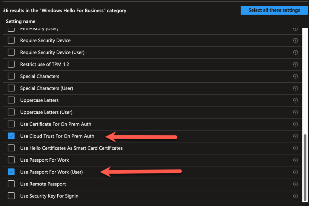 Open Image: Settings Catalog showing Use Cloud Trust For On Prem Auth and Use Passport for Work settings
