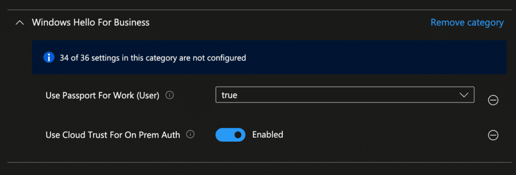 Open Image: Intune Settings Catalog with Use Cloud Trust and Use Passport for Work enabled