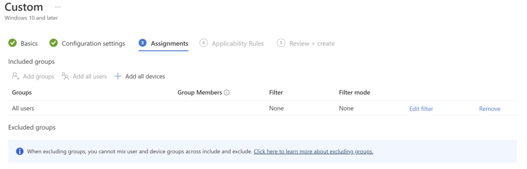 Open Image: Intune profile assignments showing group targeting options