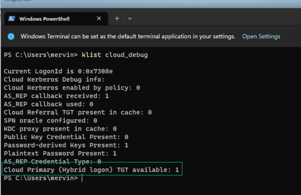 Open Image: klist cloud_debug output showing Cloud Primary TGT with partial TGT details