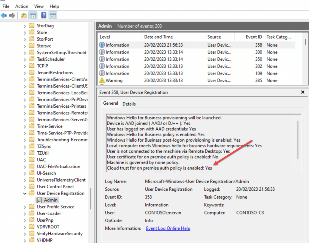 Open Image: Windows Event Viewer showing WHfB Cloud Trust policy applied successfully with Event ID 358