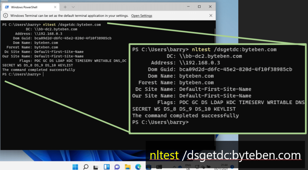 Open Image: nltest dsgetdc command output returning Domain Controller information