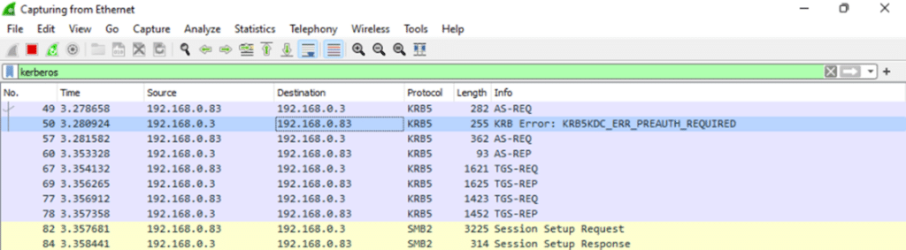 Open Image: Wireshark capture showing KRB5 AS-REQ Kerberos authentication request to KDC