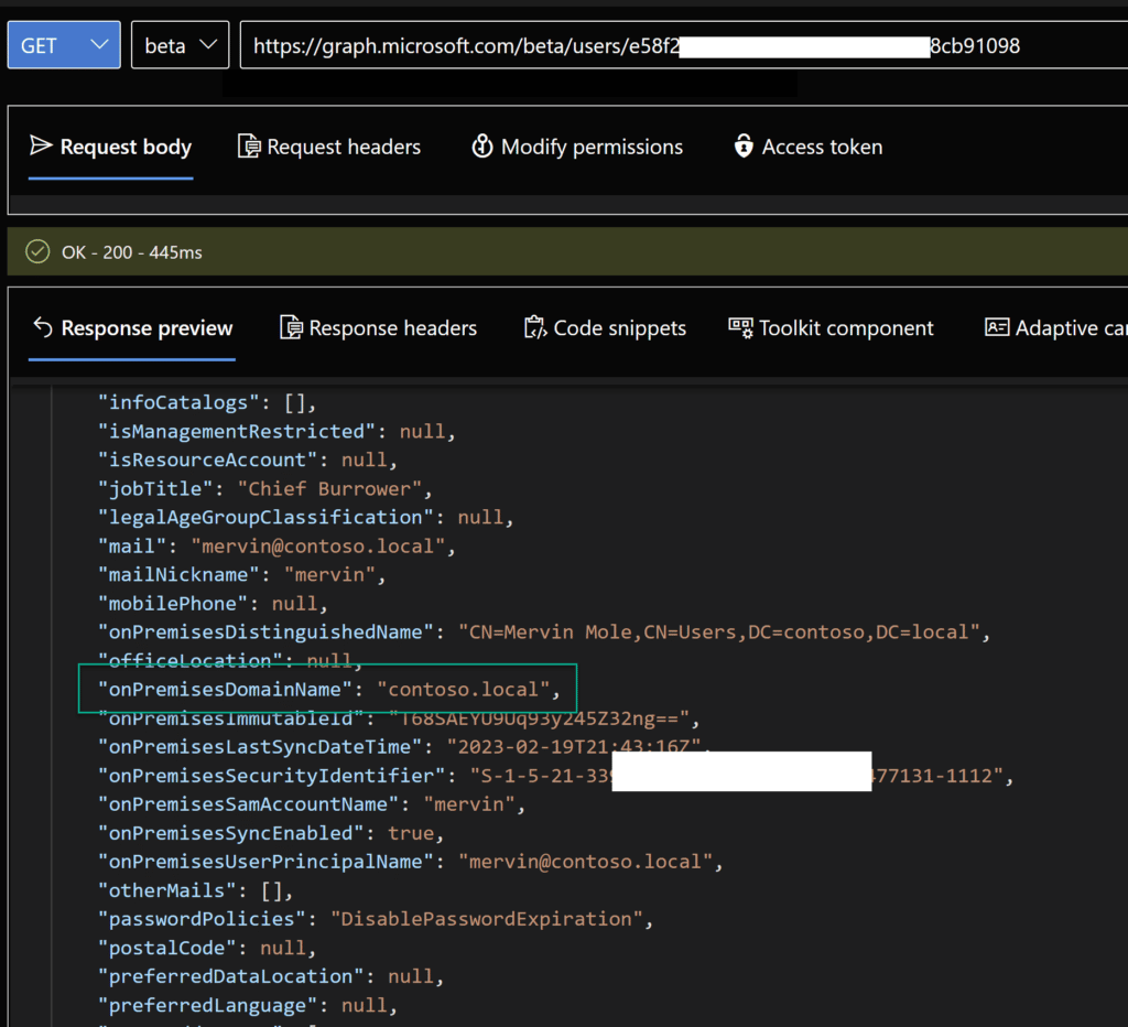 Open Image: Graph Explorer showing additional WHfB key metadata including key material and usage