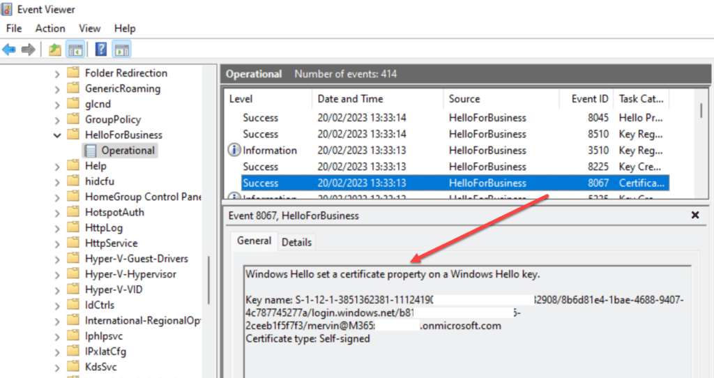 Open Image: Windows Hello for Business event log showing NGC creation event