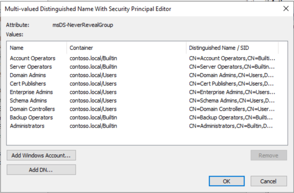 Open Image: Active Directory Users and Computers showing msDS-NeverRevealGroup property for AzureADKerberos object