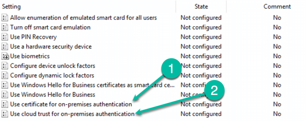 Open Image: Windows Hello for Business settings GPO showing certificate and cloud trust options