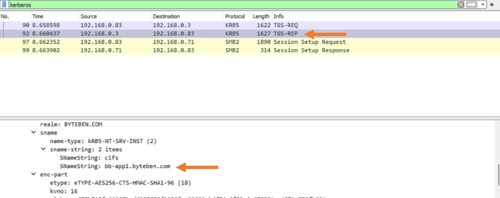 Open Image: Wireshark capture showing TGS-REP with service ticket issued for bb-app1.byteben.com