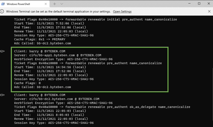 Open Image: klist output showing CIFS service ticket for bb-app1.byteben.com