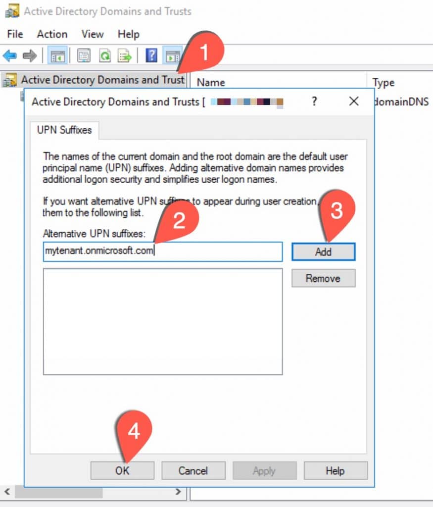 Open Image: Active Directory Domains and Trusts dialog showing how to add the onmicrosoft.com UPN suffix