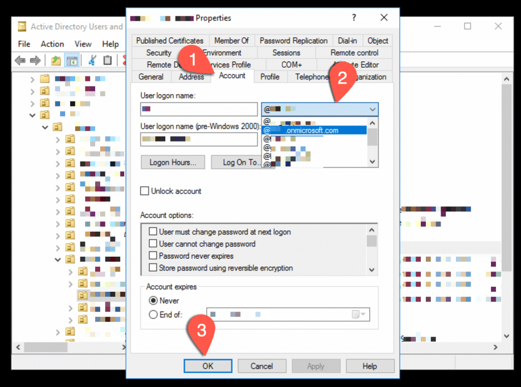 Open Image: Active Directory Users and Computers showing the Account tab with UPN suffix selection