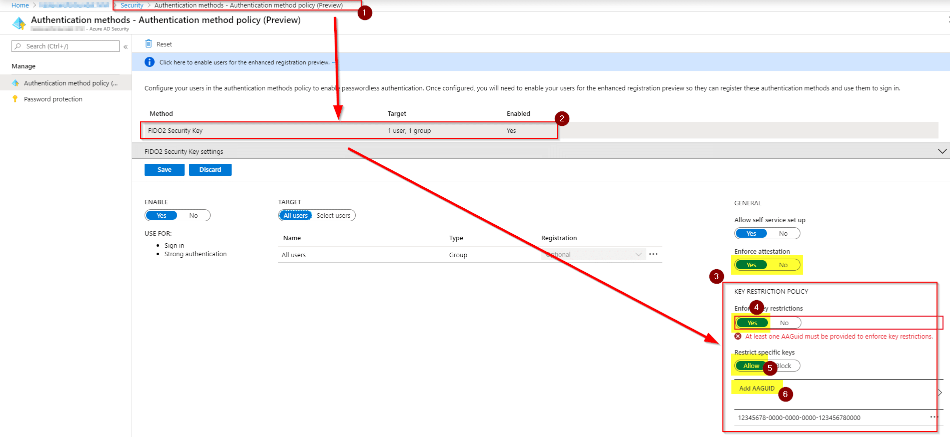 Open Image: Azure AD FIDO2 key restriction settings
