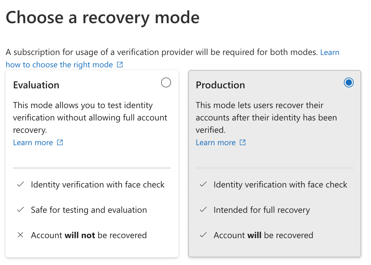 Open Image: Choose a recovery mode for SSAR - Production selected