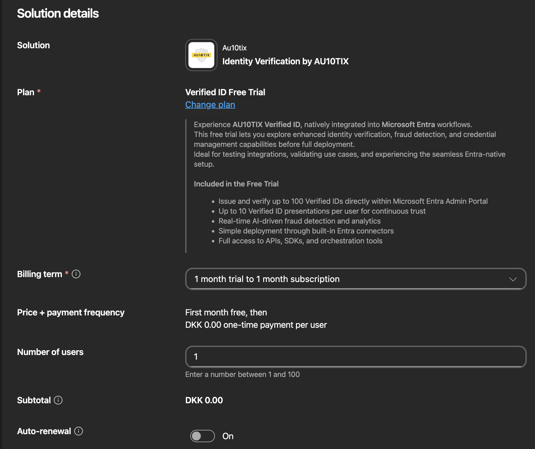 Open Image: AU10TIX SaaS subscription configuration with free trial selected