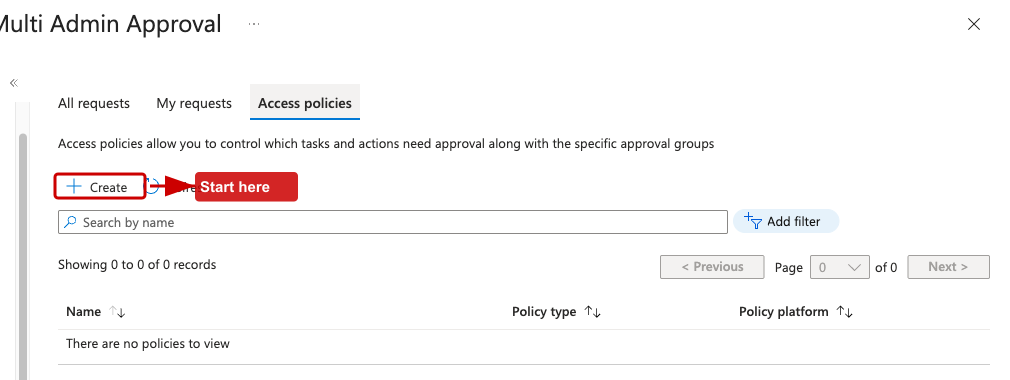 The Access policies tab under Multi Admin Approval in the Intune admin center, showing the Create button and an empty policy list.