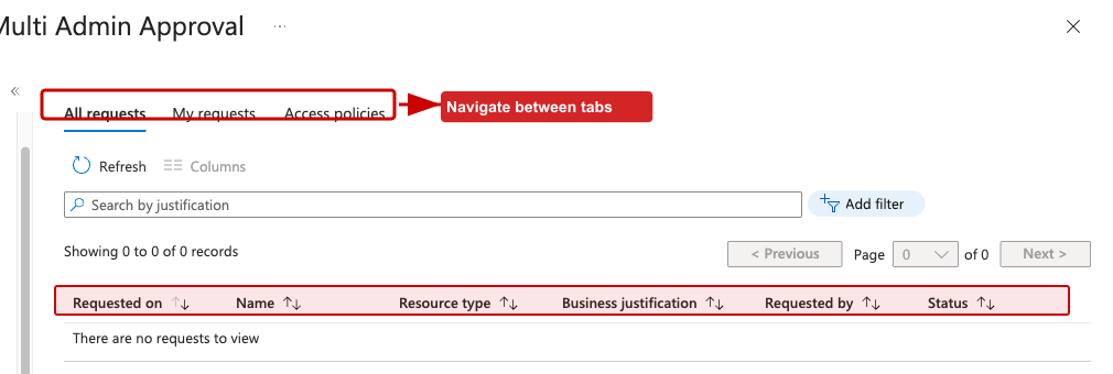 The Multi Admin Approval page in the Intune admin center showing the All requests tab with columns for Requested on, Name, Resource type, Business justification, Requested by, and Status.