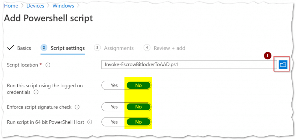 Open Image: PowerShell script settings in Intune