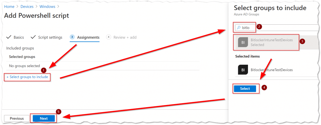 Open Image: Selecting PowerShell script assignments in Intune
