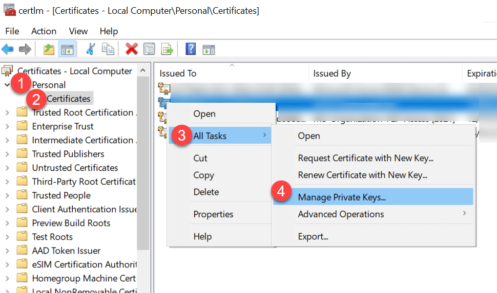 Open Image: Manage certificate private keys