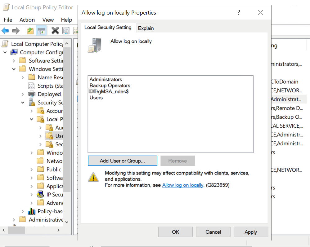 Open Image: Allow log on locally for gMSA