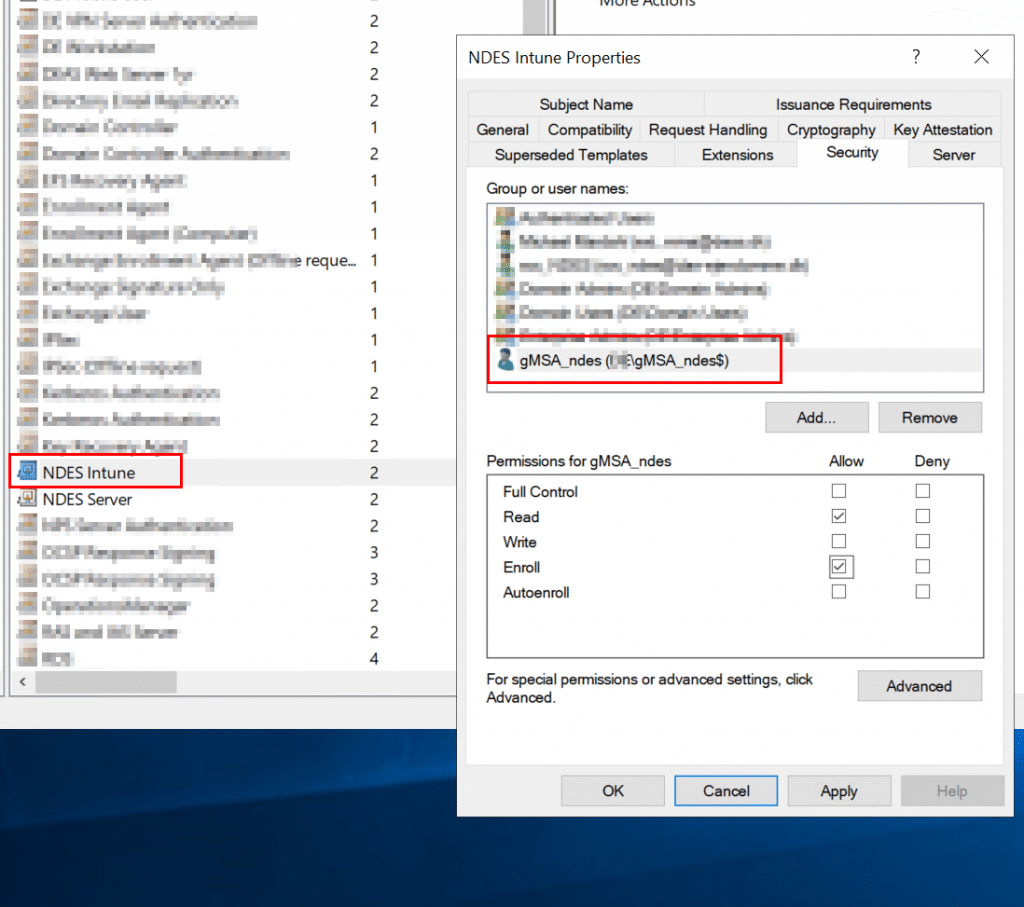 Open Image: Certificate Template ACL with gMSA Enroll permission
