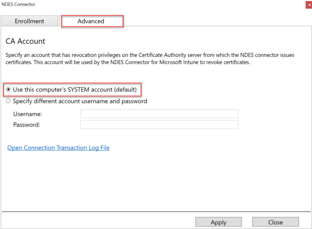 Open Image: Intune NDES Connector UI configuration