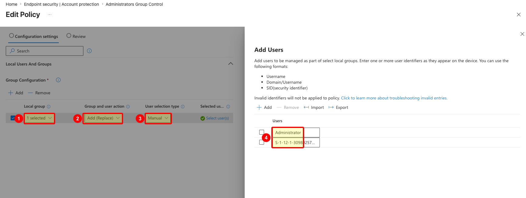 Add users pane showing Administrator and Entra SID entries for local Administrators group replacement