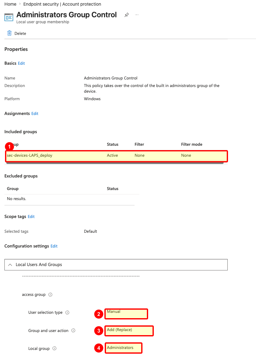 Final Administrators Group Control policy showing assignment and Add Replace configuration