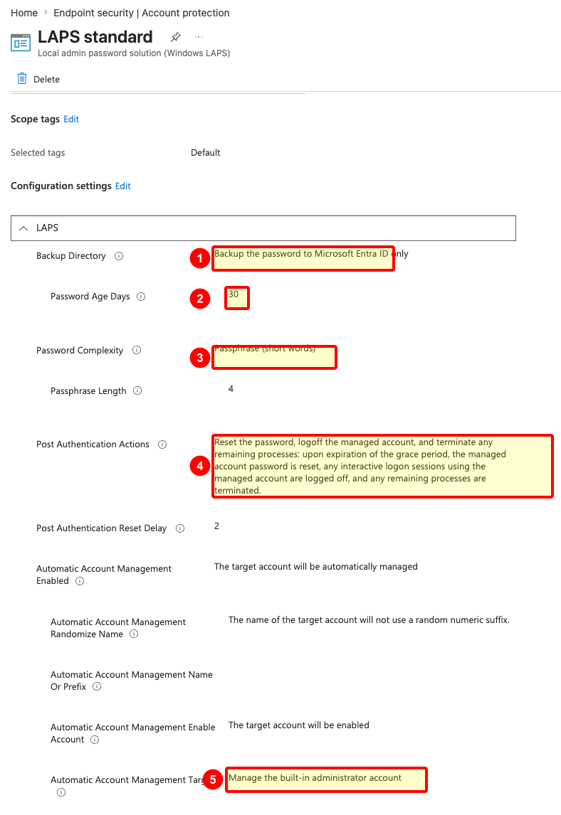 Final Windows LAPS policy showing Entra backup, passphrase settings, post-authentication actions, and built-in Administrator management