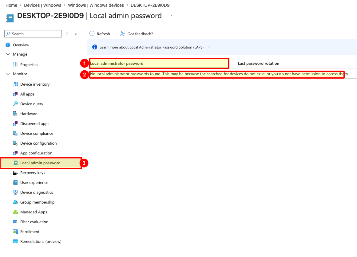 Intune device Local admin password page showing where backed-up Windows LAPS passwords appear