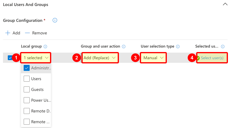 Local Users And Groups configuration row showing Administrators, Add Replace, Manual selection, and Select users